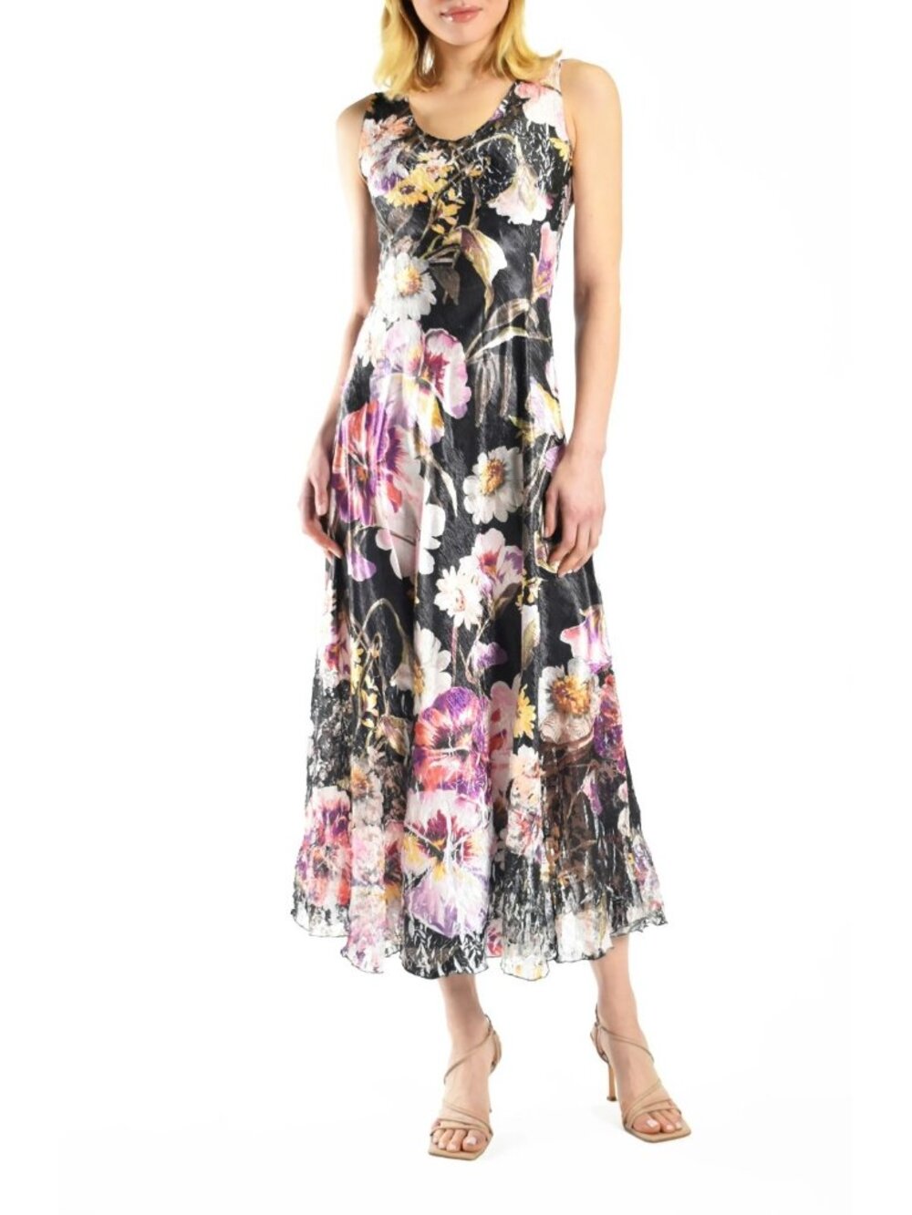 Komarov Women's Floral Sleeveless Midi Dress in Night Chrysanthemum Size M